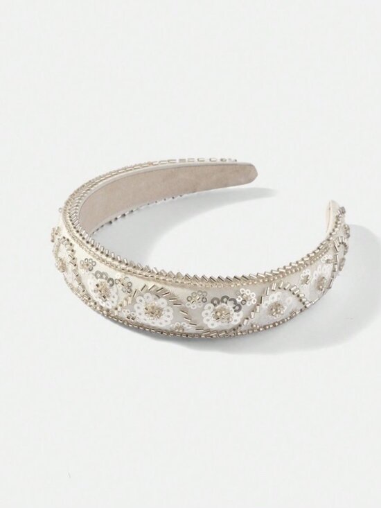 White Sequin Beaded Floral Headband